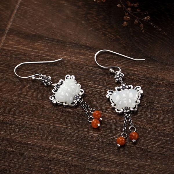 

dangle & chandelier natural hetian white jade butterfly shaped small tassel thai silver earrings chinese retro elegant charm women's je