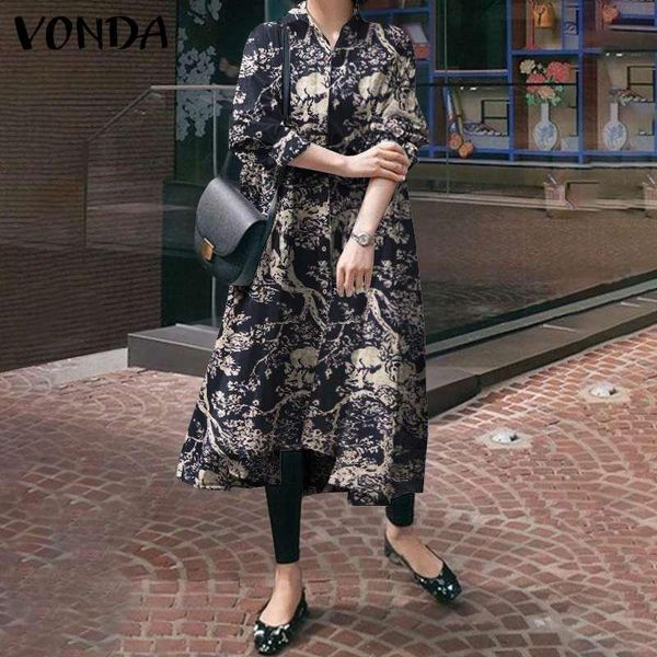 

casual dresses lapel neck printed dress women long sleeve irregular 2021 vonda button up cotton loose vestido plus size, Black;gray