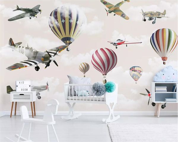 Papel de Parede Beibehang Personalizado Nórdico Minimalista Mão desenhada desenhos animados Balão do avião Céu crianças fundo pintura de parede