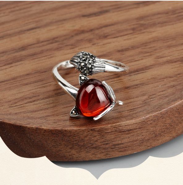 

animal ring vintage natural stone female index finger 925 silver opening rings