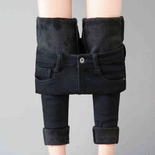 

black blue gray high waist velvet thick jeans winter skinny stretch women warm plus mom denim trousers size 40 211129