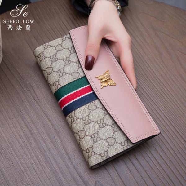 

factory wholesale women brand shoulder bag simple multi-card printed womens purse sweet gold bow long wallet joker multifunctional leather e, Red;black