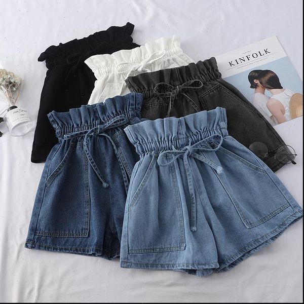 

women short summer high waist denim shorts casual loose ladies vintage lace up elastic pocket blue white black female