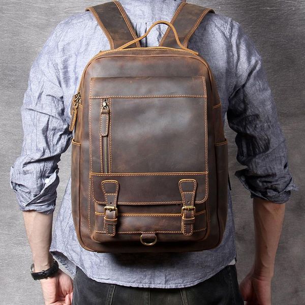 

backpack vintage crazy horse leather shoulder bag handmade genuine lapcowhide travel