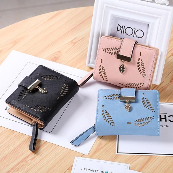 

wallets korean style short wallet ladies zipper buckle hollow leaf small card bag women purse cartera mujer designer, Red;black