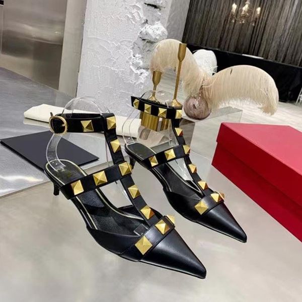 

sandals women's shoes 2021 pointed flat heel baotou rivet back empty large black high heels thin