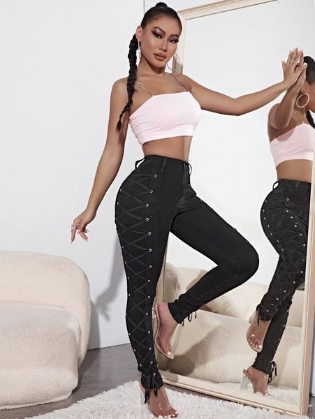 

push up lace-up side skinny jeans 36qf#, Blue