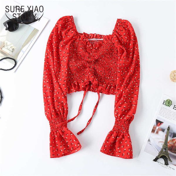 

short design navel chiffon shirt design square collar blouse drawstring super fairy sweet floral blusa women 10228 210528, White