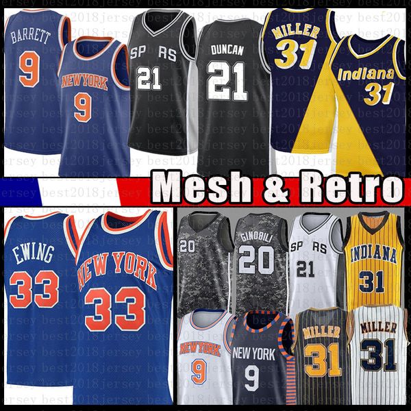

patrick 33 ewing rj 9 barrett basketball jersey reggie 31 miller tim 21 duncan mesh jerseys retro mens black blue, Black;red