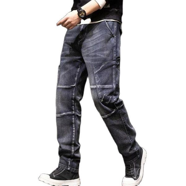 

men's jeans mens clothing hip hop leisure denim pants elasticity jean stitching clothes trousers size 42 44, Blue