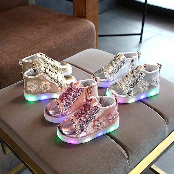 

baby shoes 2021 autumn children's light girls' flower lace up middle tube metal color luminous student single, Black