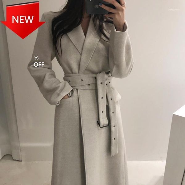 

women's wool & blends long coat with belt office lady fashion lace up coats outerwear high qulity woman winter1, Black