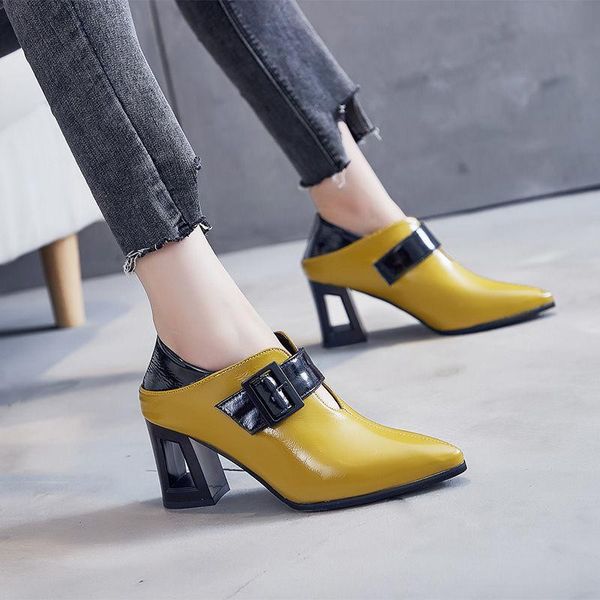 

dress shoes cresfimix women classic pointed toe pu leather slip on yellow heel lady cool black comfort pumps e6977