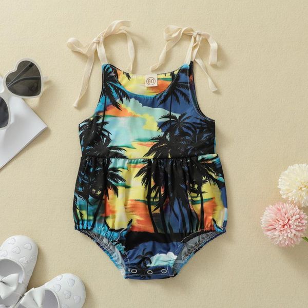 

rompers summer baby holiday style coconut tree print bodysuit girls sleeveless o-neck short sling romper jumpsuit, Blue