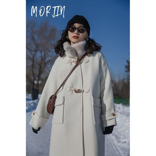 

women's wool & blends korean version of woolen overcoat with hair collar and horn button age reducing loose for women, Black