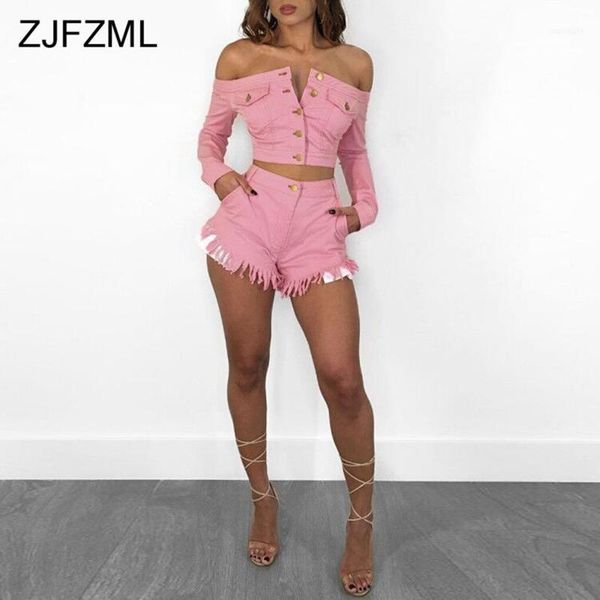 

women's two piece pants pink denim tracksuits women slash neck long sleeve buttons crop and pockets tassels short casual 2 pcs outf, White