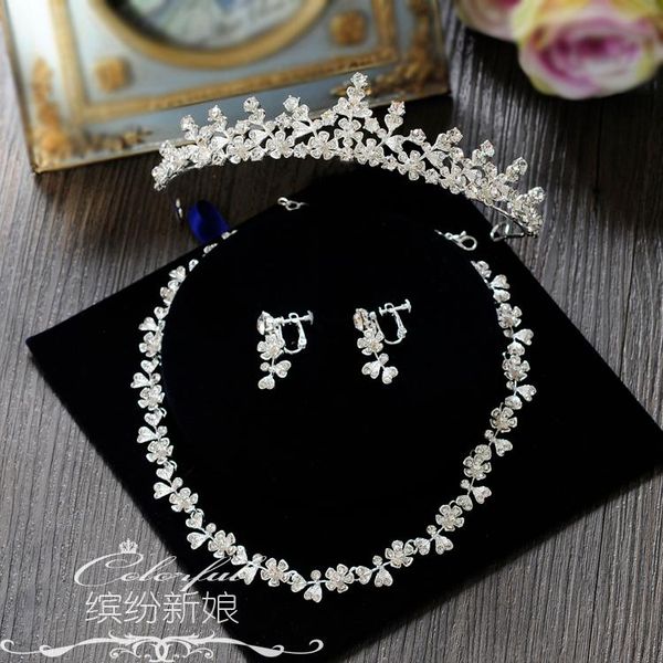 

earrings & necklace the bride headdress ear high quanlily set korean wedding jewelry crown three piece ornaments, Silver