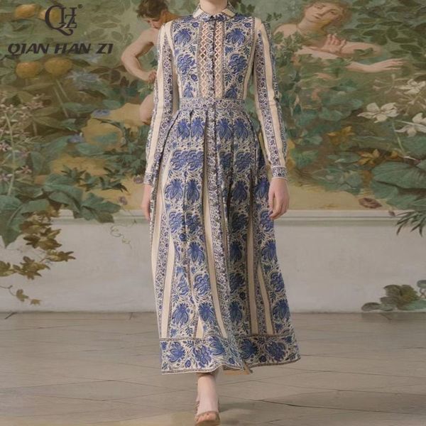 

casual dresses qian han zi fashion runway maxi dress women long sleeves vintage beaded pleated blue and white porcelain print, Black;gray