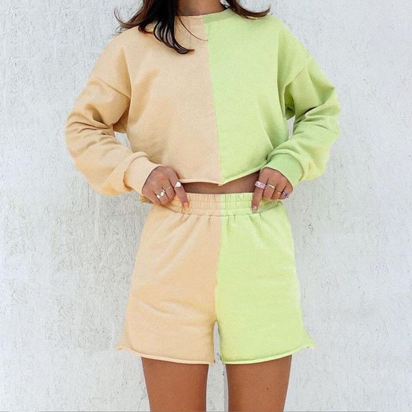 

women's tracksuits early autumn splicing color two-piece long-sleeved round neck t-shirt+ short loose casual sportwear women home cloth, Gray