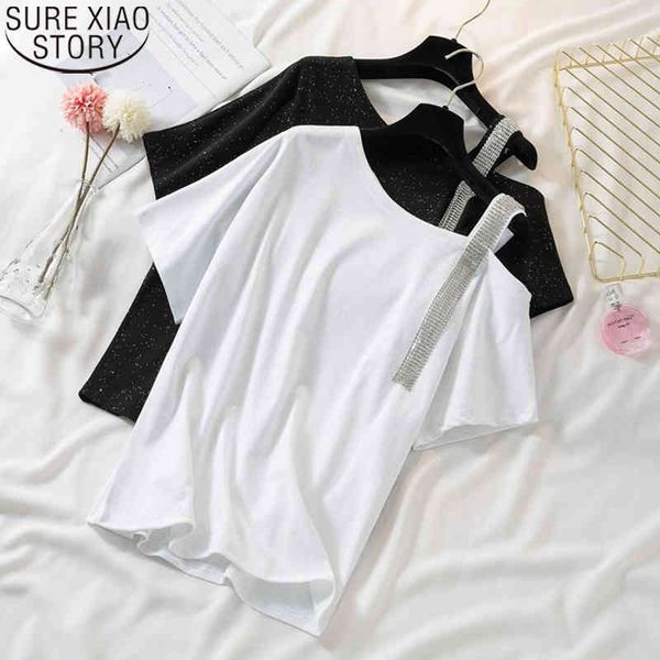

summer short sleeve t-shirt women plus size t shirt fashion female loose skew collar off shoulder blusas shirts 9839 210417, White