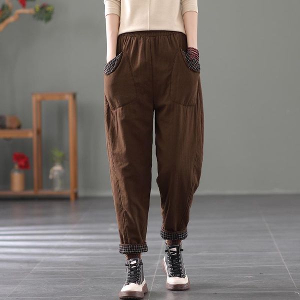 

women's pants & capris winter padded women casual thicker warm retro trousers 2021 ladies elastic waist pocket, Black;white
