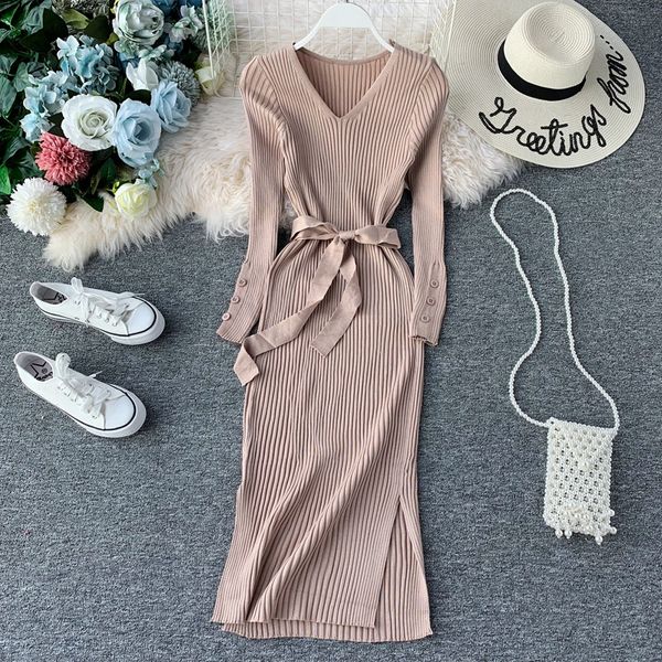 

2021 new design women's fashion v-neck knitted with belt bodycon tunic midi long vent jag dress solid color, Black;gray