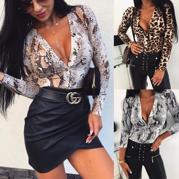 

fashion women v neck leopard bodysuit long sleeve leotard spring fall retro bodysuits jumpsuit shirts body femme women's jumpsuits, Black;white