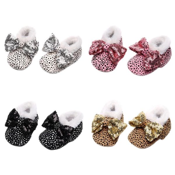 

first walkers infant baby fur moccasins home slippers shiny sequin bownot leopard lining shoes crawling toddler walking