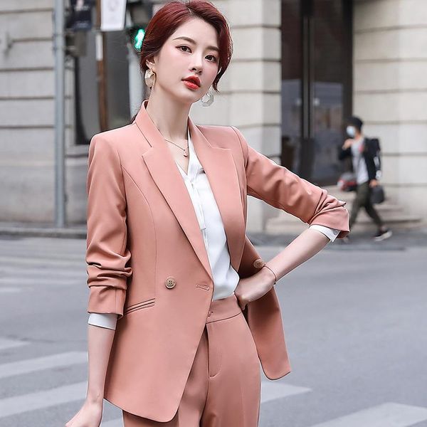 

autumn women's office suit pants two-piece temperament slim double-breasted ladies jacket career two piece, White