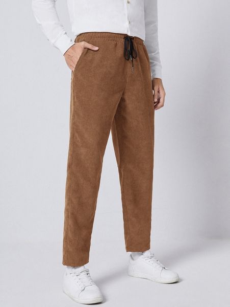 

men drawstring waist corduroy tapered pants o0ky#, Black