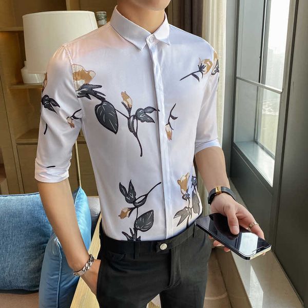 

summer 3/4 sleeve shirts men slim fit streetwear flower shirts korean male business formal social dress shirts chemise homme 210527, White;black