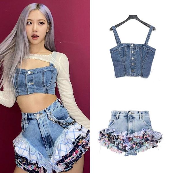 

kpop blue denim vest sling white long sleeve perspective hoodies+slim high waist shorts women two piece set women's tracksuits, Gray