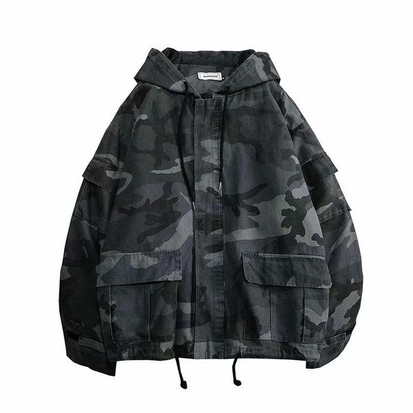 

men's jackets 2021 spring and autumn gray camouflage hooded men army green windbreaker casual loose coats, Black;brown