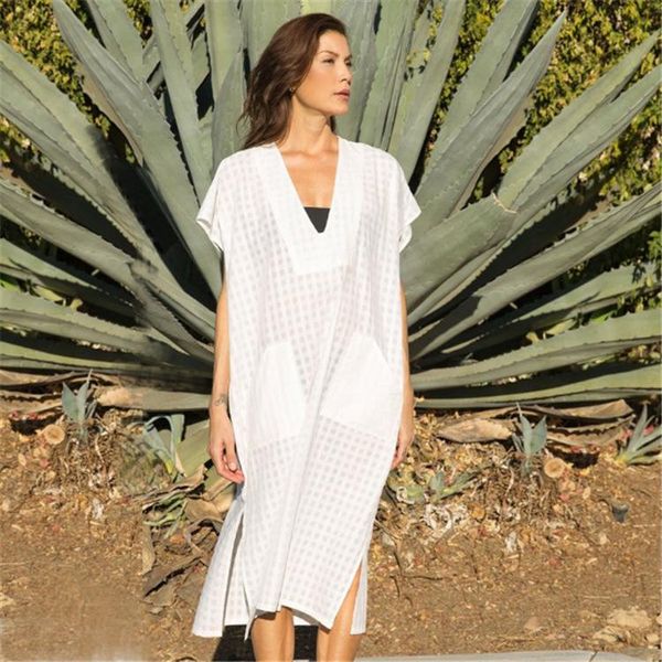 

women's swimwear beach cover up pareos de playa mujer white color wear oversize bikini v neck tunic, White;black