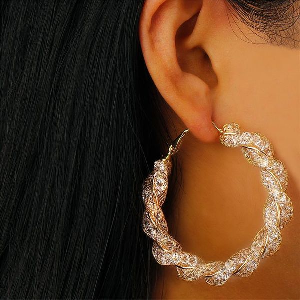 

hoop & huggie oversize geometric circle round earrings for women brincos cubic zirconia earring gold color party fashion jewelry, Golden;silver