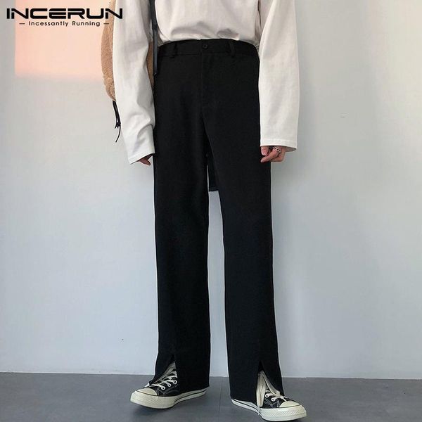 

men leisure solid color pants incerun casual high waist zipper trousers 2021 fashion man split hem straight streetwear 5xl men's, Black