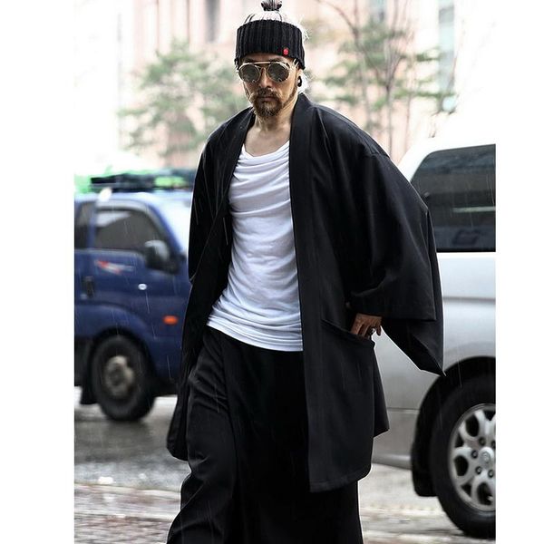 

men's trench coats solid kimono in harajuku, japan and korea, Tan;black