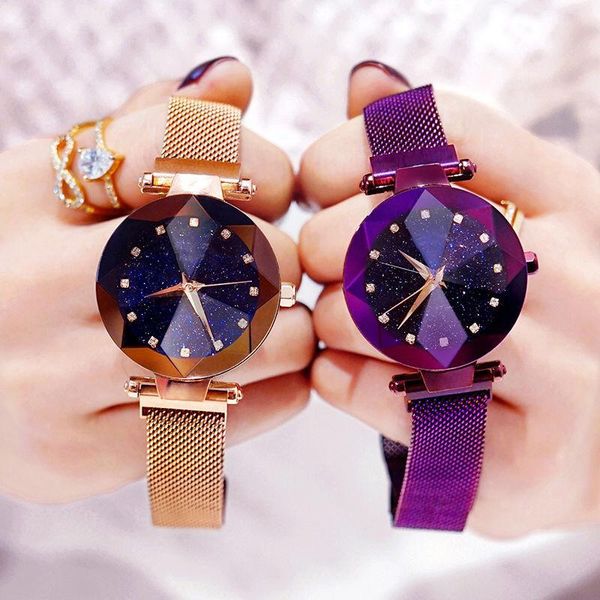 

luxury starry sky stainless steel mesh bracelet watches for women crystal analog quartz wristwatches ladies sports dress clock, Slivery;brown