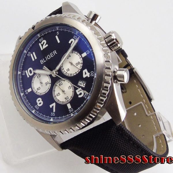 

wristwatches bliger quartz 45mm men wristwatch chronograph date function leather band 24 hours, Slivery;brown