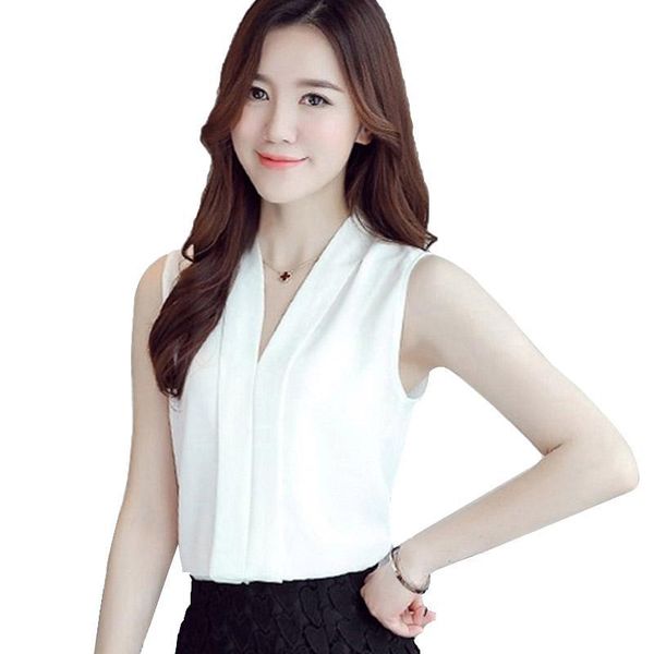 

women's blouse summer v-neck chiffon sleeveless solid color vest female blouses & shirts, White