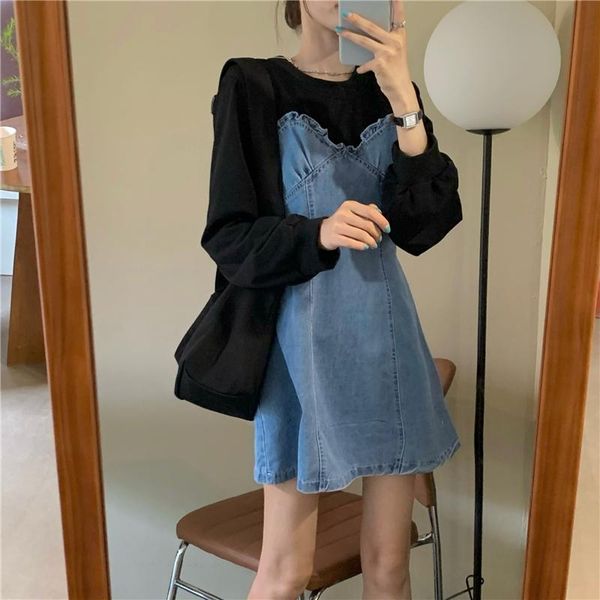 

fake two-piece long-sleeved retro denim dress women's 2021 autumn waist slim design vestidos kleid casual dresses, Black;gray