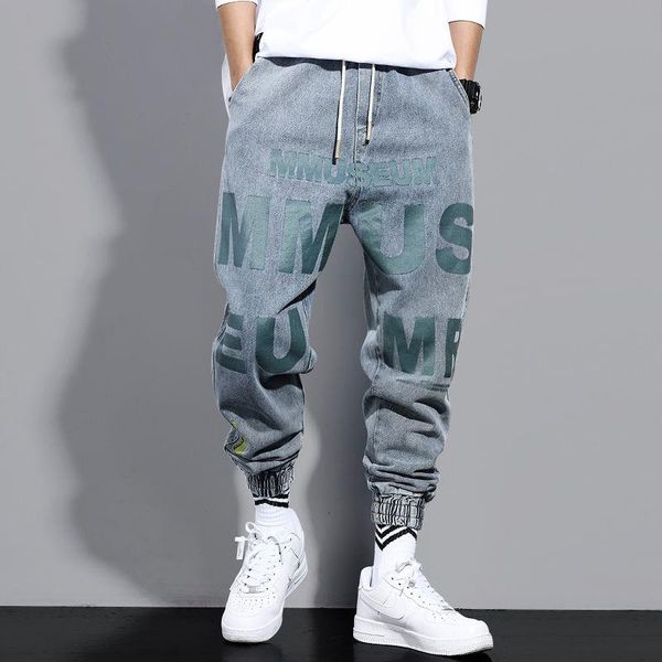

men's jeans loose trend locomotive korean version of harlan wild retro printing ins beamed casual pants, Blue