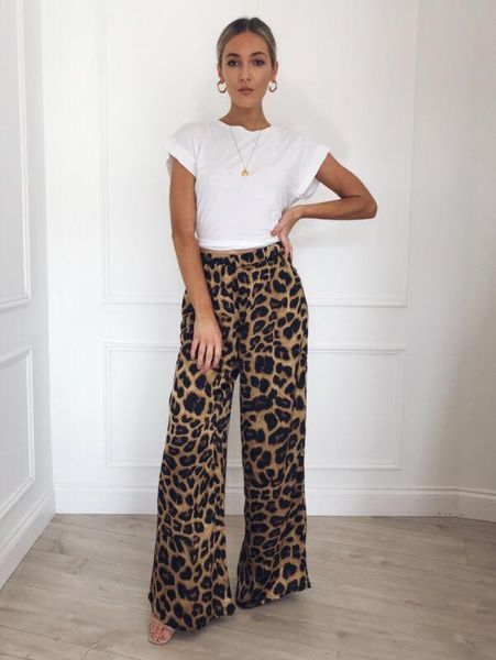 

leopard print women autumn trousers wide leg pants fashion ladies high waist casual trouser elastic plus size women's & capris, Black;white