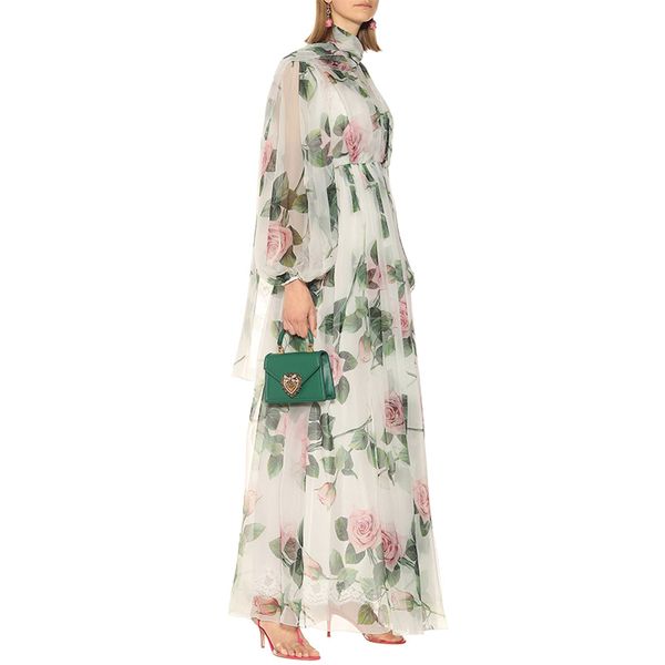 

casual dresses elegant pink rose print floral party women long sleeve bow belt elastic waist maxi female chiffon boho q4h3, Black;gray