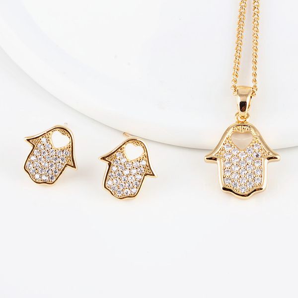

cubic zirconia hollow heart stud earrings for women & girls evil hand pendant necklace bridal 925 silver pin earring fashion party wedding j, Golden;silver