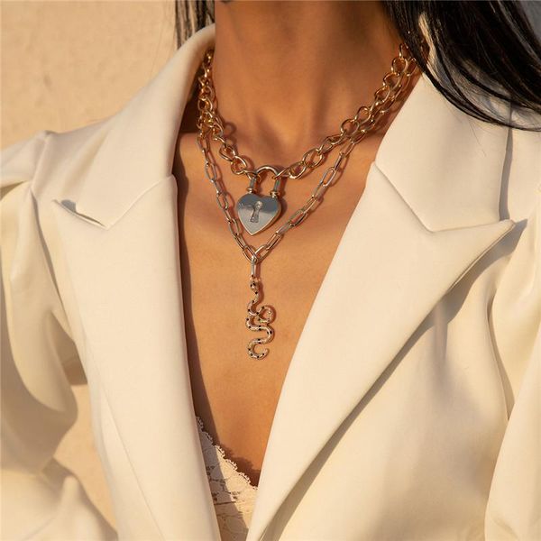 

women heart lock pendant necklaces double layer snake crystal chains european alloy tassel suit dress necklace jewelry accessories wholesale, Silver