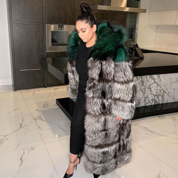 

women's fur & faux fashion long real silver coat for women winter whole skin genuine coats with hood thick warm overcoats, Black