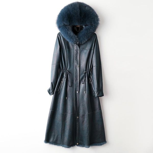 

women's fur & faux 2021 genuine leather real natural coat women fashion arrival big hooded with belt slim style, Black