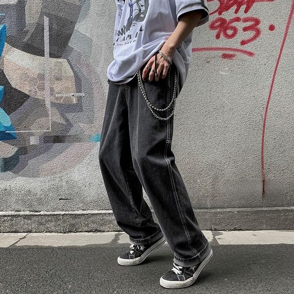 

men's jeans harajuku chic straight pants men 2022 summer daily casual streetwear male all match long denim trousers, Blue
