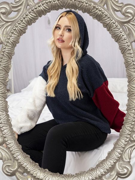 

plus color block drop shoulder teddy hoodie f7nh#, Black